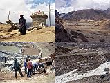 To Gokyo 2-7 Pangka, Na From Machhermo, I walked up the trail for thirty minutes to the small village of Pangka (4480m) and sat on a rock watching several yak trains crossing the bridge to the small village of Na at the foot of the Nguzumpa Glacier, and the local villagers tilling the soil. The small village of Pangka was the site of a trekking tragedy after an extremely heavy snowfall on November 9-10, 1995. The lodge was jam-packed with 13 Japanese, 11 Nepali guides and porters, and two local people when the avalanche struck. All occupants were killed except a 17-year-old kitchen boy who survived burial in the wreckage for 40 hours before being rescued.